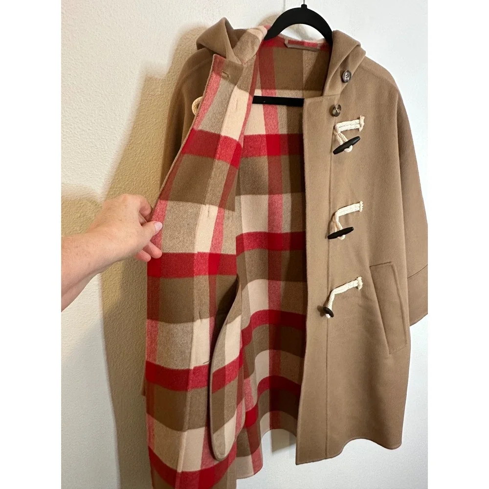 Weekend Max Mara Duffle Coat Size 4 Camel Brown Virgin Wool Hooded Plaid Toggle‎